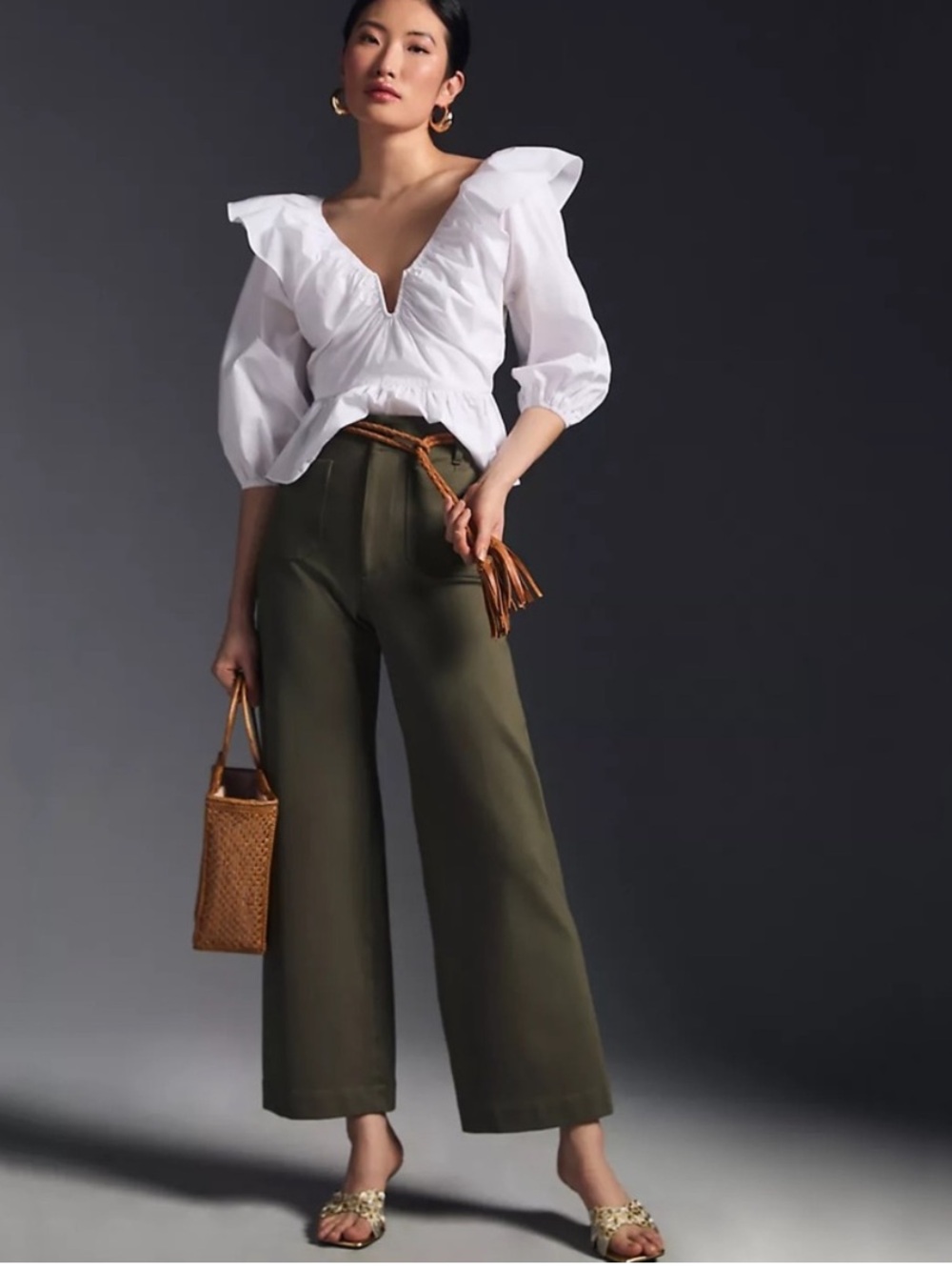 Anthropologie Maeve Colette Ponte Pants Wide Leg Crop in Olive Green